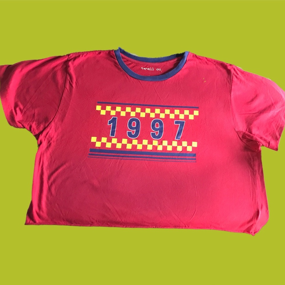 Red  crop tee with Navy and Yellow graphic: “1997”